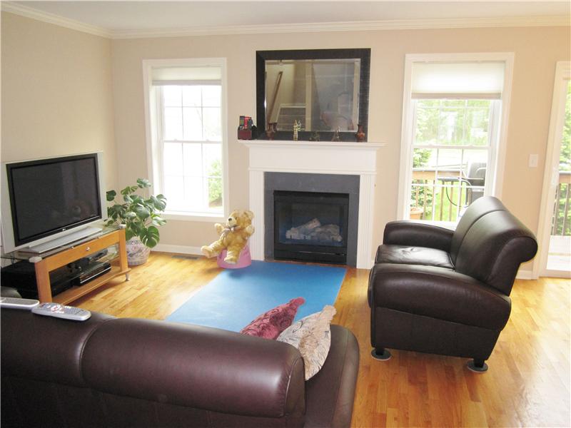 Living room with fireplace and lots of light