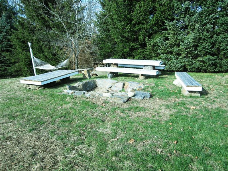 Firepit with built-in table and benches